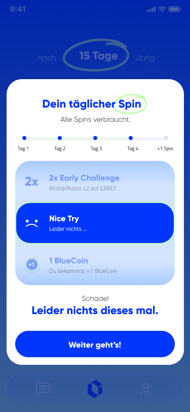 Screenshot der HERCULES-App: täglicher Spin mit Punktesystem