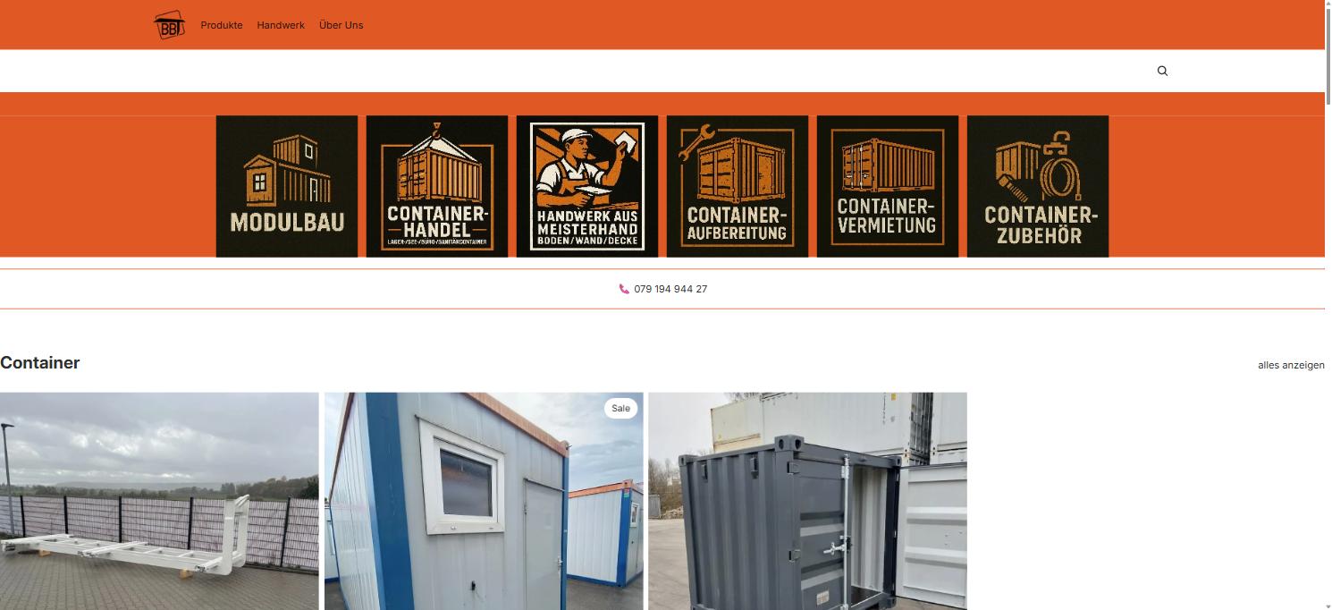 Bäuerle Bauteam — Storefront bbtbau.de mit den Produktkategorien