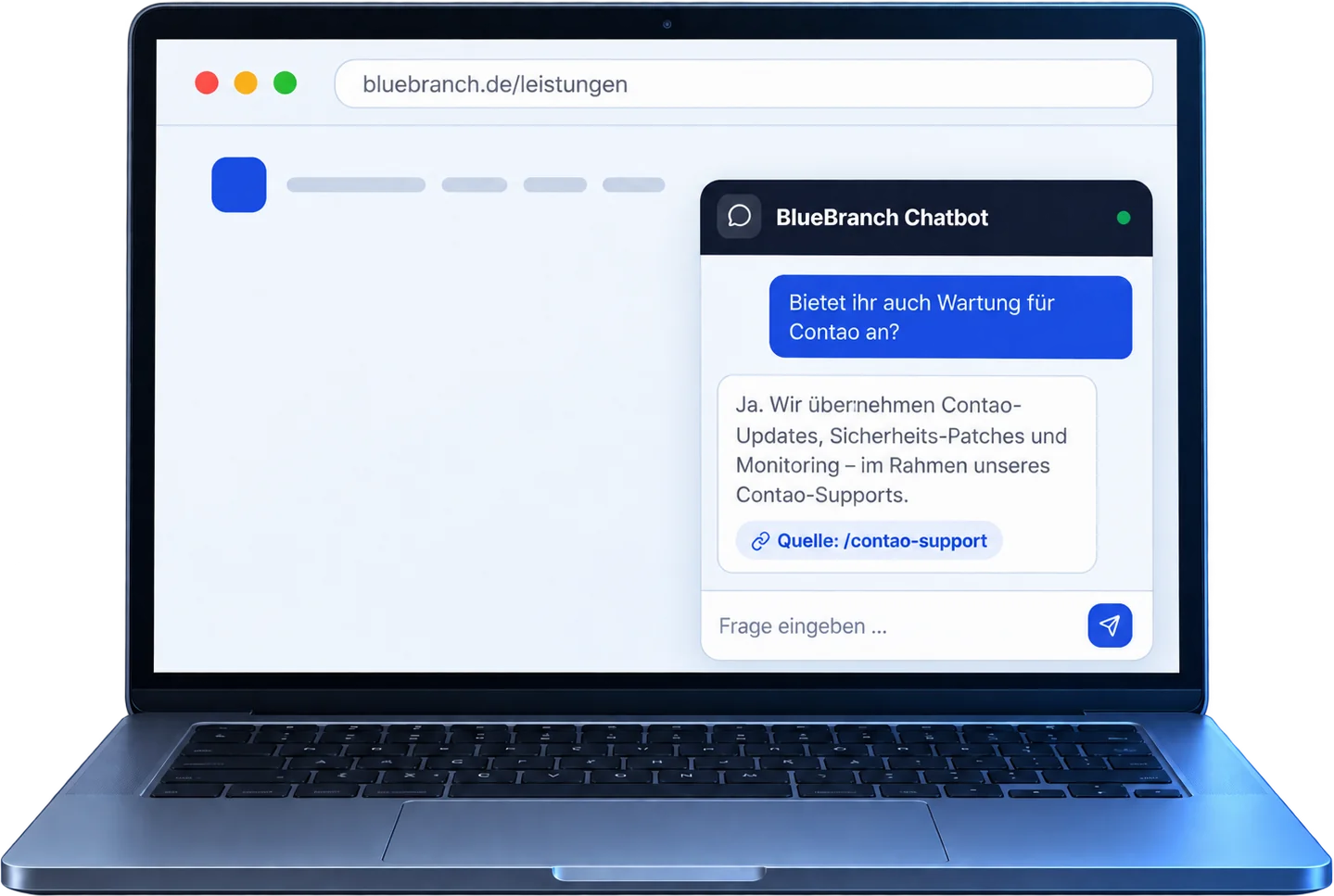 BlueBranch Chatbot — Notebook mit der Chat-Blase über den Website-Inhalten