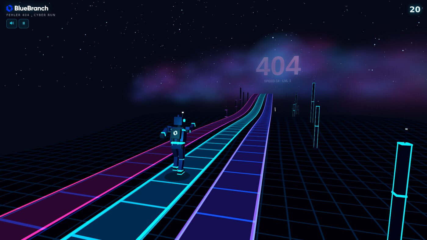 404 – Cyber Run: Roboter läuft über den dreispurigen Neon-Highway, im Hintergrund die 404-Sonne