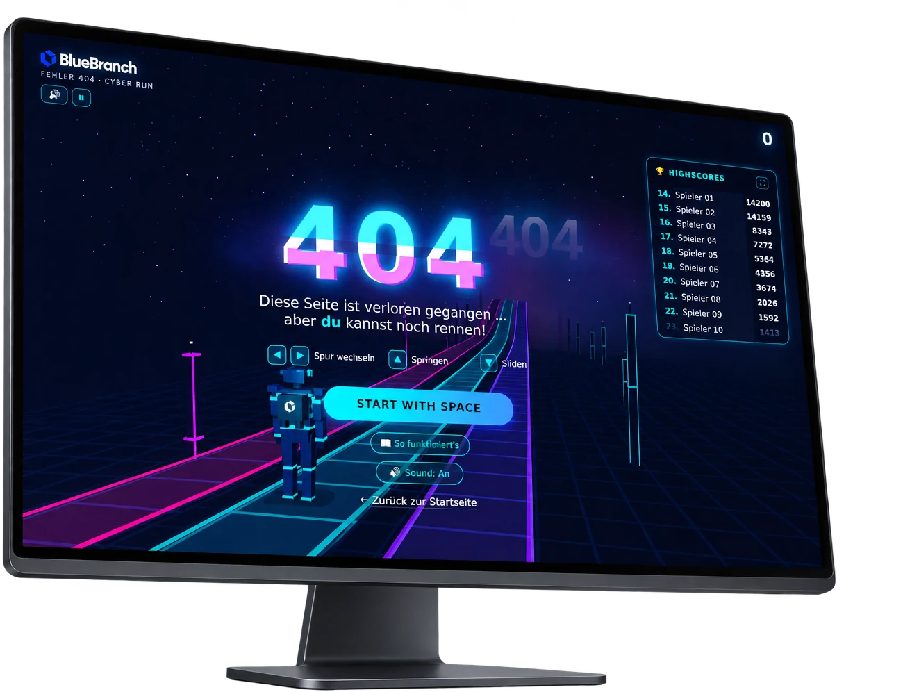 404 – Cyber Run auf dem Monitor: Startscreen mit Glitch-404, Roboter und Highscore-Panel