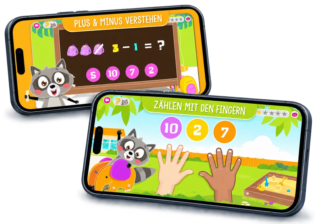 Luuki Vorschule — zwei Smartphones im Querformat mit den Lernspielen ‚Plus & Minus verstehen‘ und ‚Zählen mit den Fingern‘