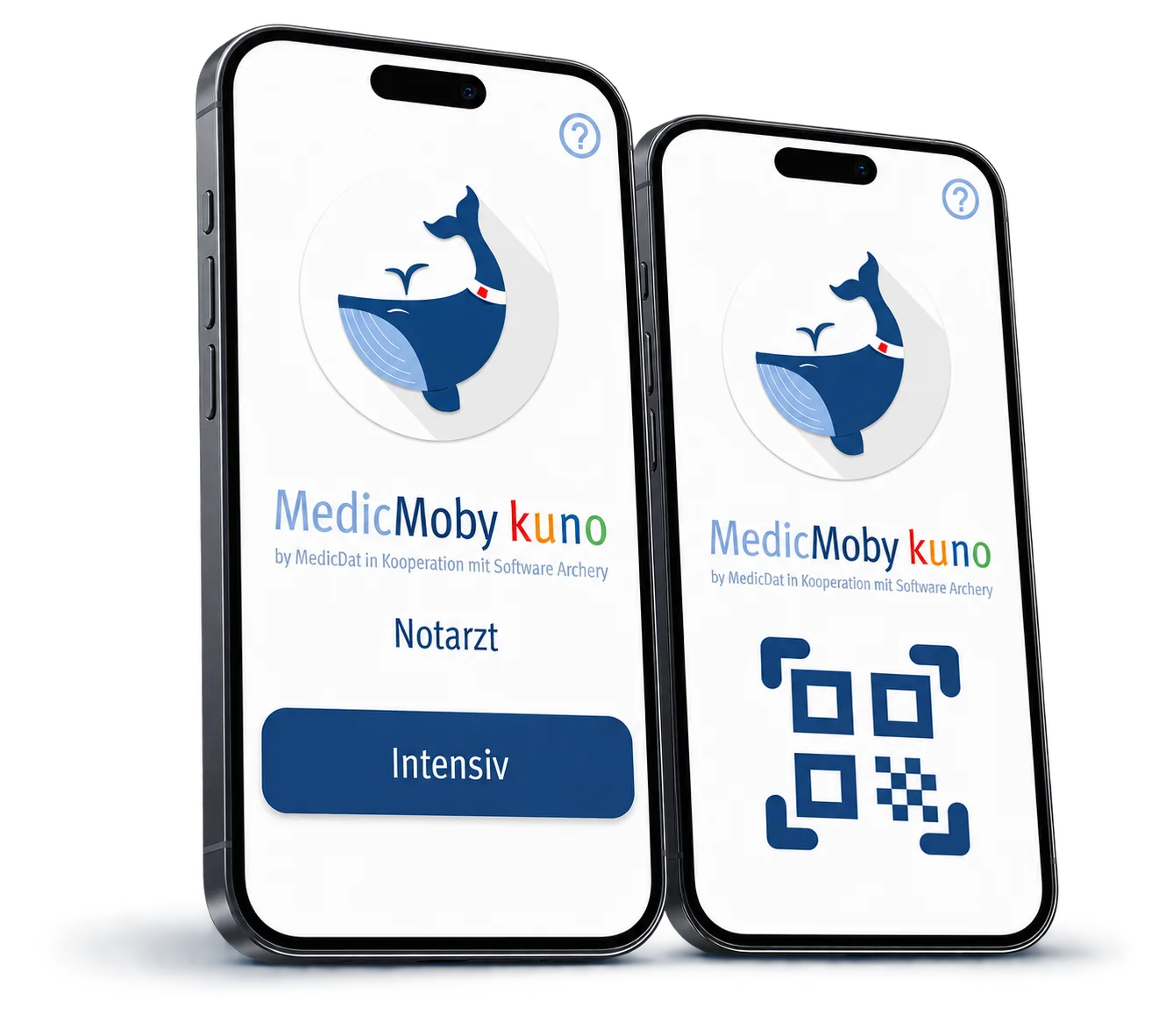 MedicMoby kuno — zwei Smartphones mit Rollenauswahl und QR-Code-Anmeldung