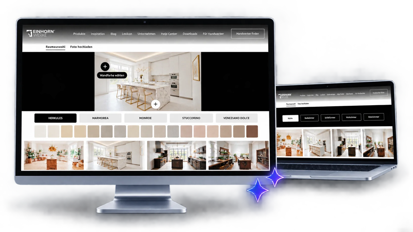 Einhornwerke KI-Showroom — Monitor mit der Material- und Farbauswahl des Showrooms, daneben ein Notebook mit der Raumauswahl