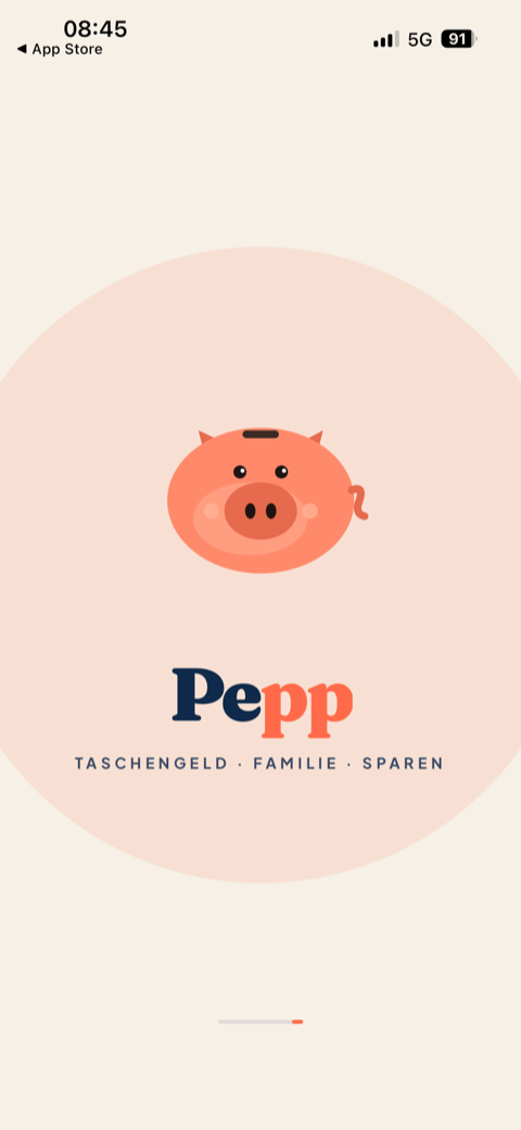 Pepp — Taschengeld-App, Start-Screen mit Maskottchen