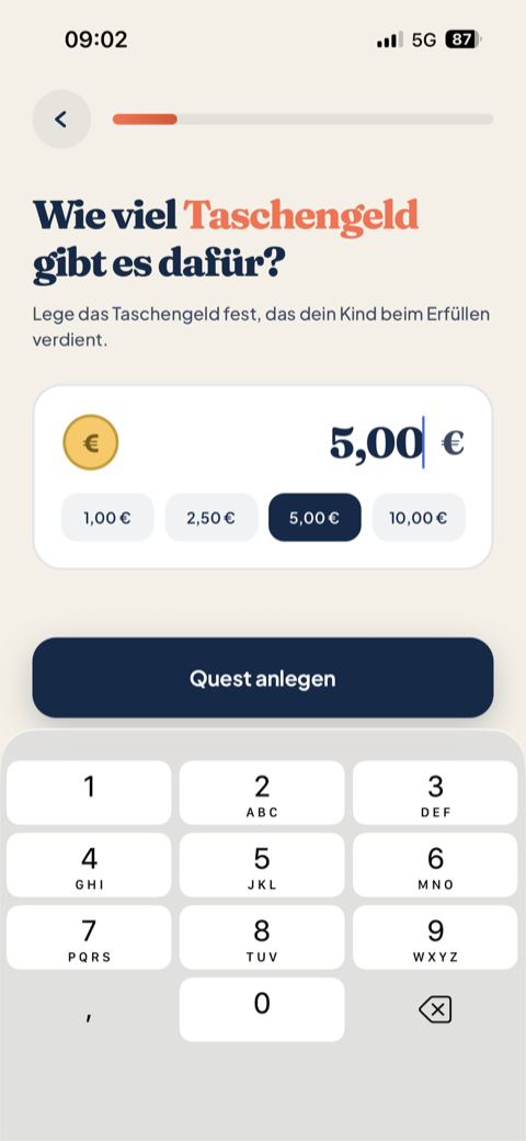 Pepp — Taschengeld pro Quest festlegen