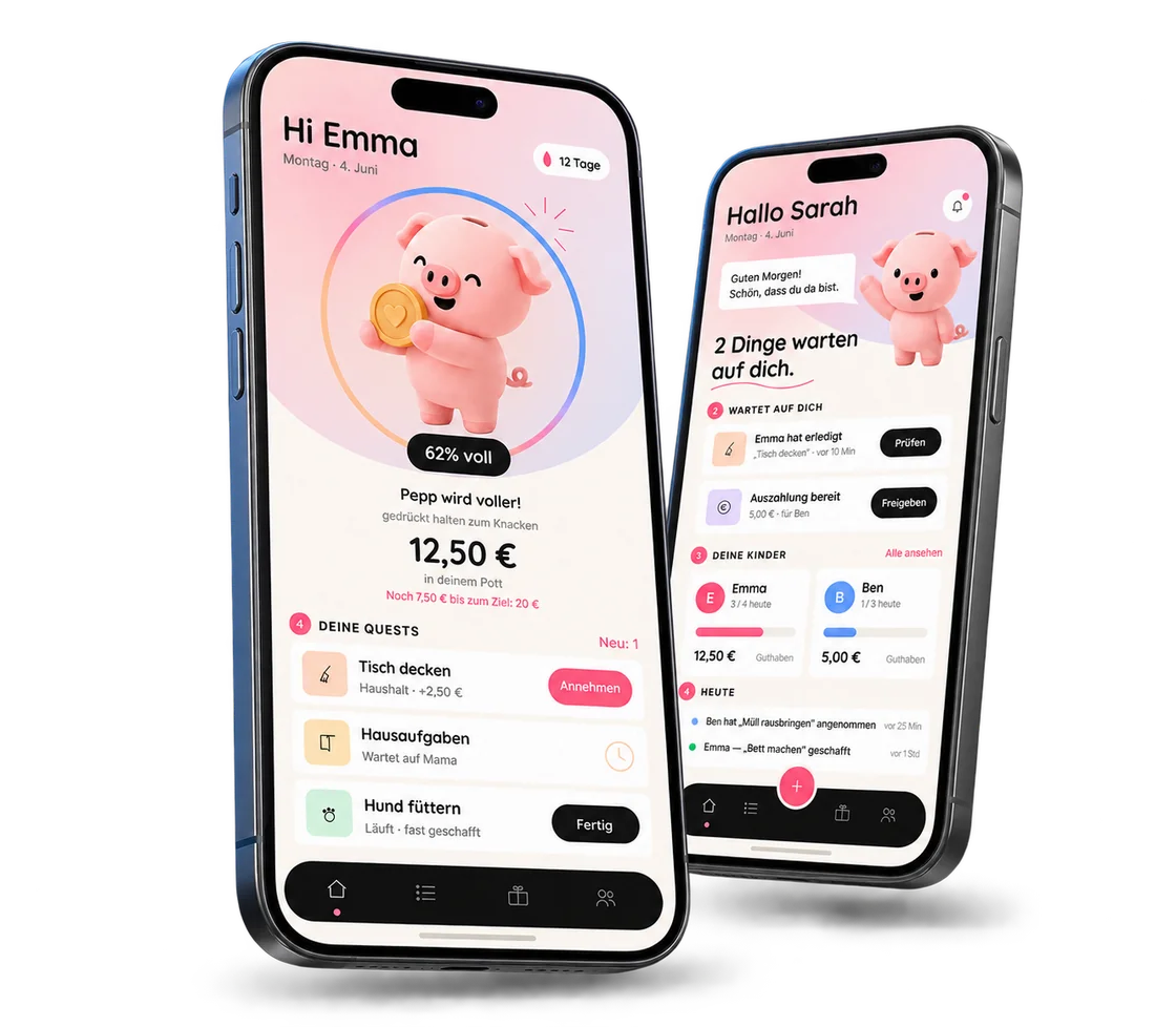 Pepp — Taschengeld-App: Start-Screen mit Maskottchen und Taschengeld pro Quest festlegen