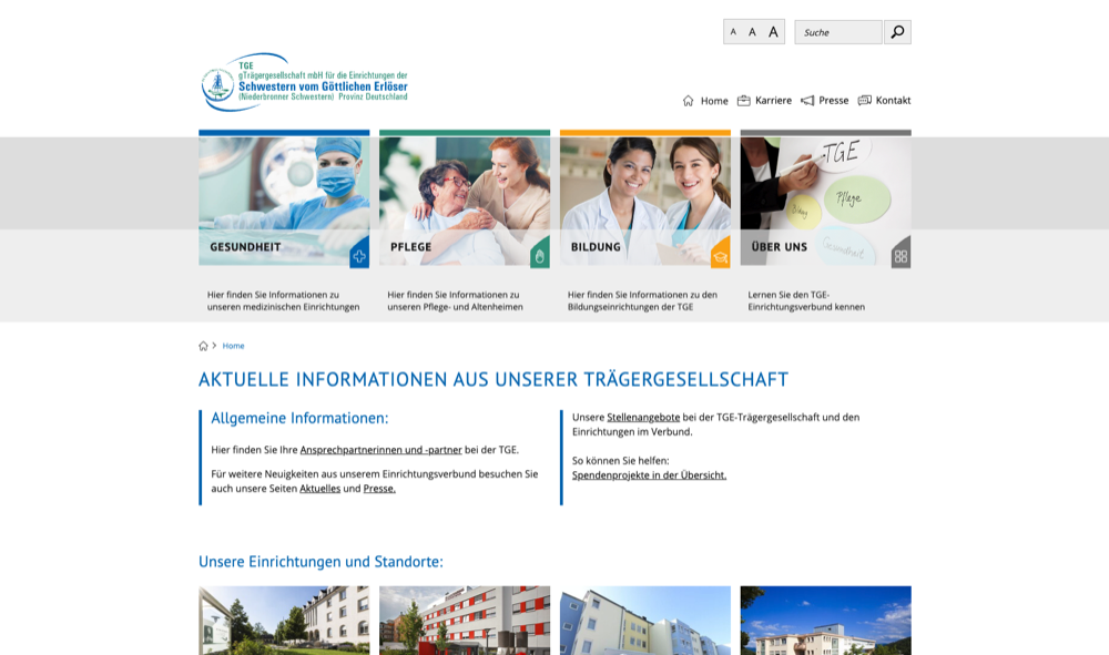 TGE Verbund-Webauftritt, Startseite