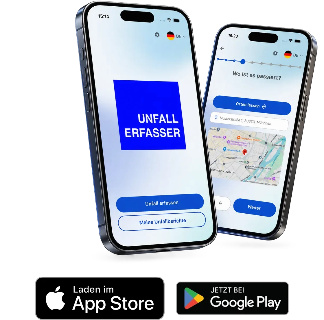 Unfall Erfasser App — sichtbar in Google Play und Apple App Store