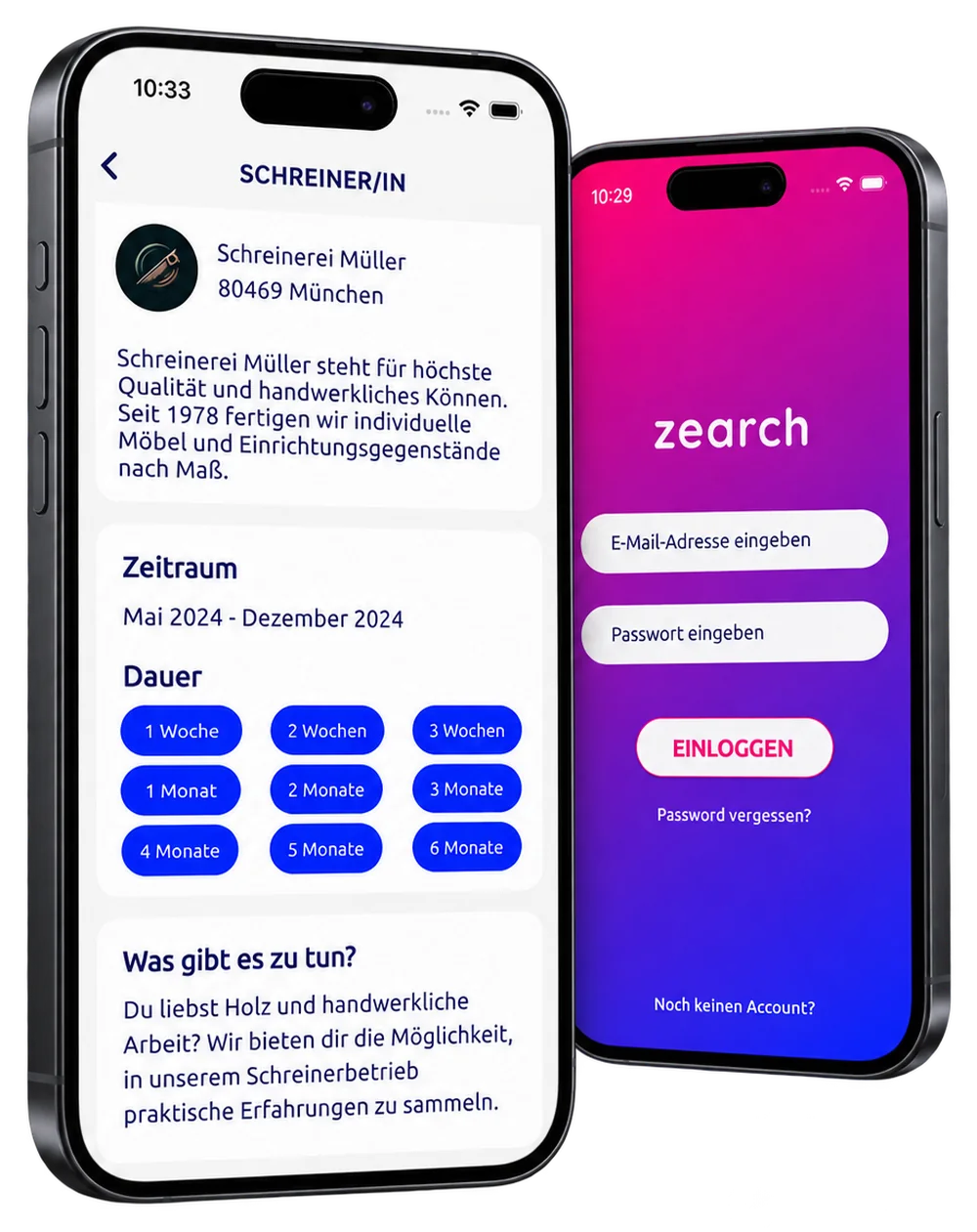 zearch Praktikums-App — zwei Smartphones mit Praktikumsangeboten und Filterauswahl
