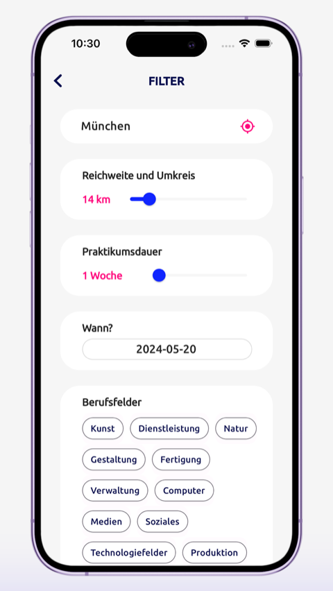 zearch — Filter nach Ort, Umkreis, Praktikumsdauer und Berufsfeldern