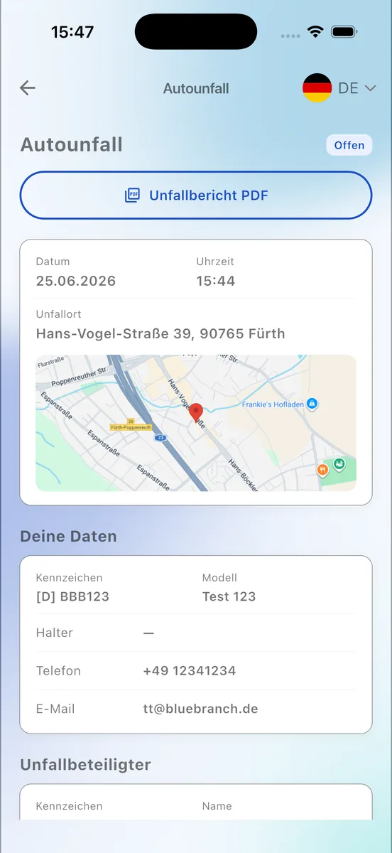 Unfall-Erfasser-App: fertiger Unfallbericht mit Unfallort, Karte und Fahrzeugdaten