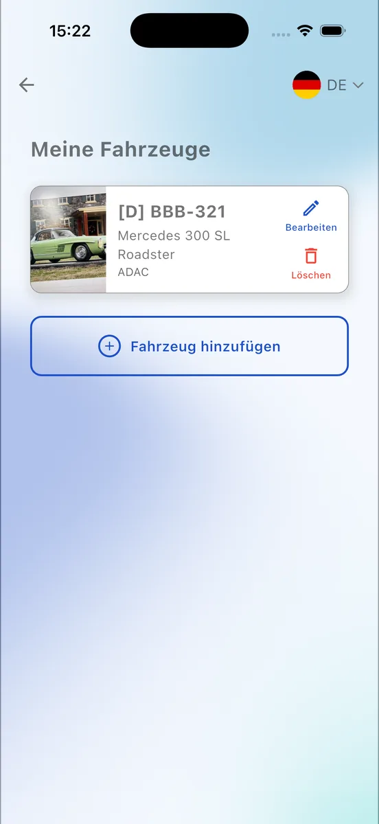 Unfall-Erfasser-App: Übersicht „Meine Fahrzeuge" mit gespeichertem Fahrzeug