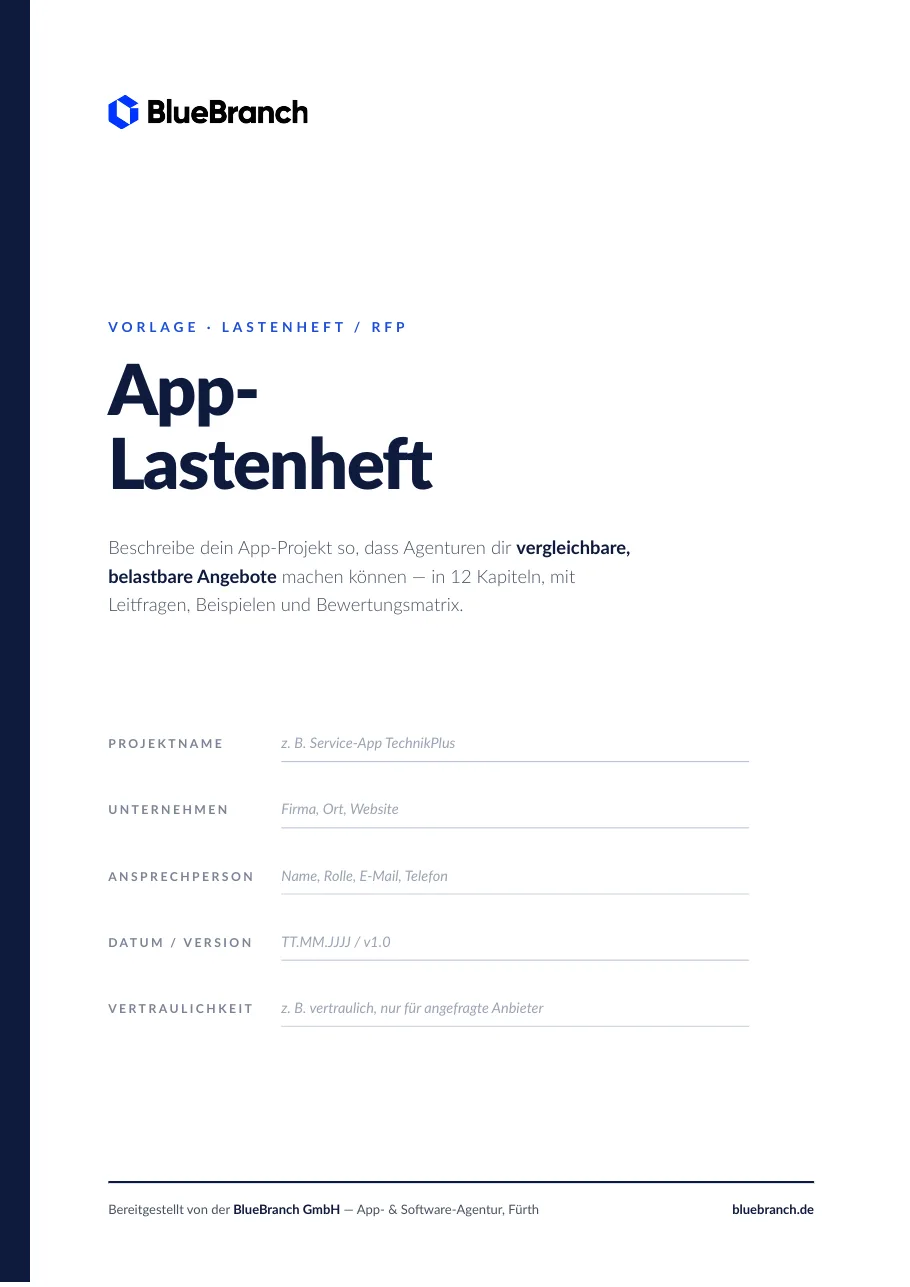 Deckblatt der App-Lastenheft-Vorlage von BlueBranch