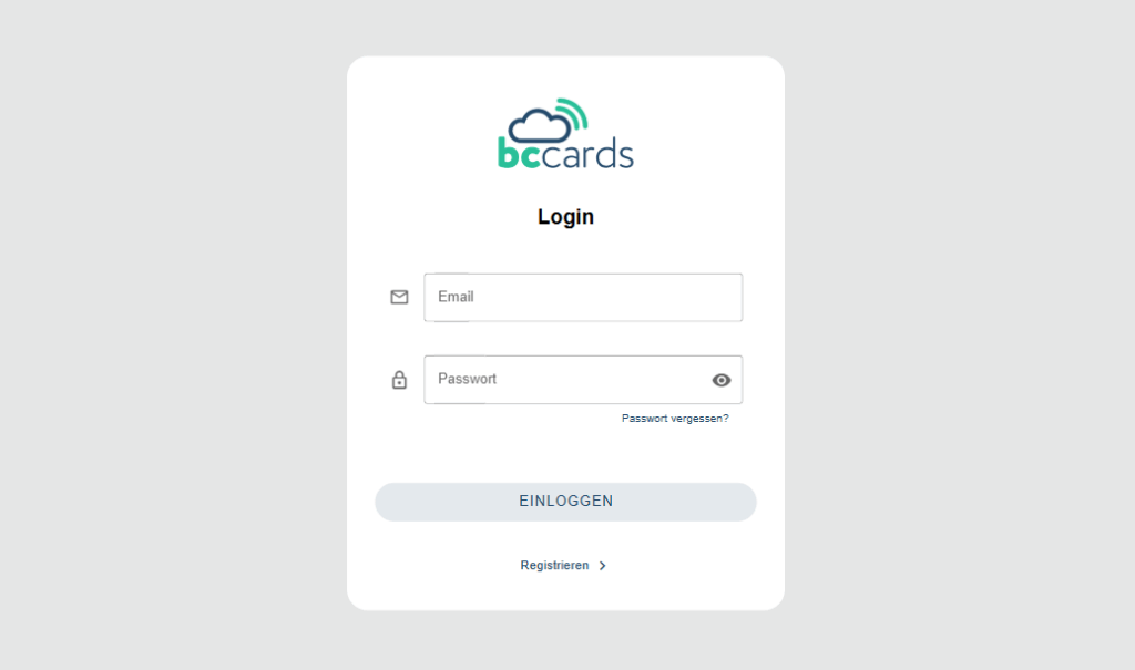 Ein Login-Bildschirm von bccards mit Eingabefeldern für E-Mail und Passwort, bereitgestellt von BlueBranch GmbH.