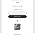 Eine digitale Visitenkarte der BlueBranch GmbH zeigt Kontaktoptionen und einen QR-Code für weitere Informationen.
