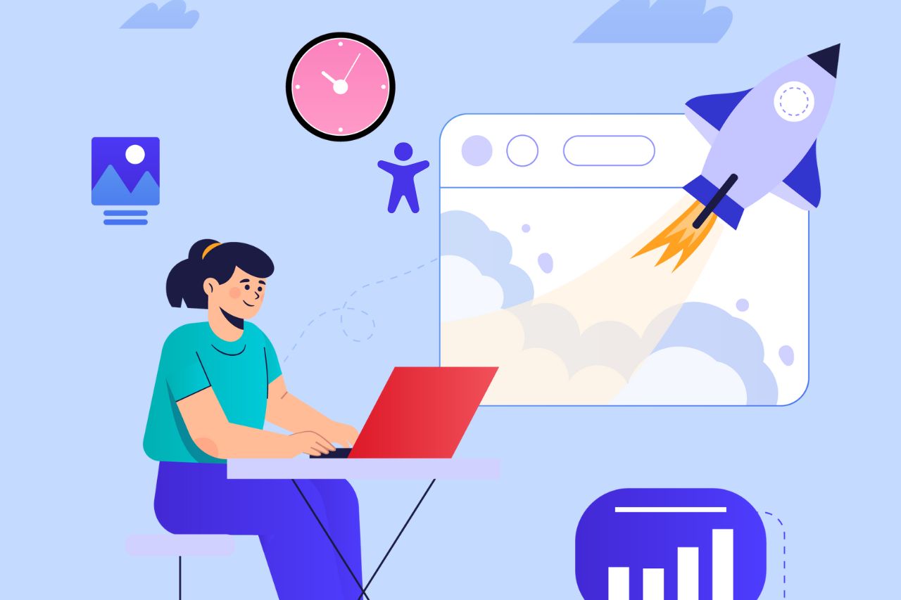 Eine animierte Frau arbeitet konzentriert an einem Laptop, während eine Rakete symbolisch für Fortschritt bei BlueBranch GmbH startet.