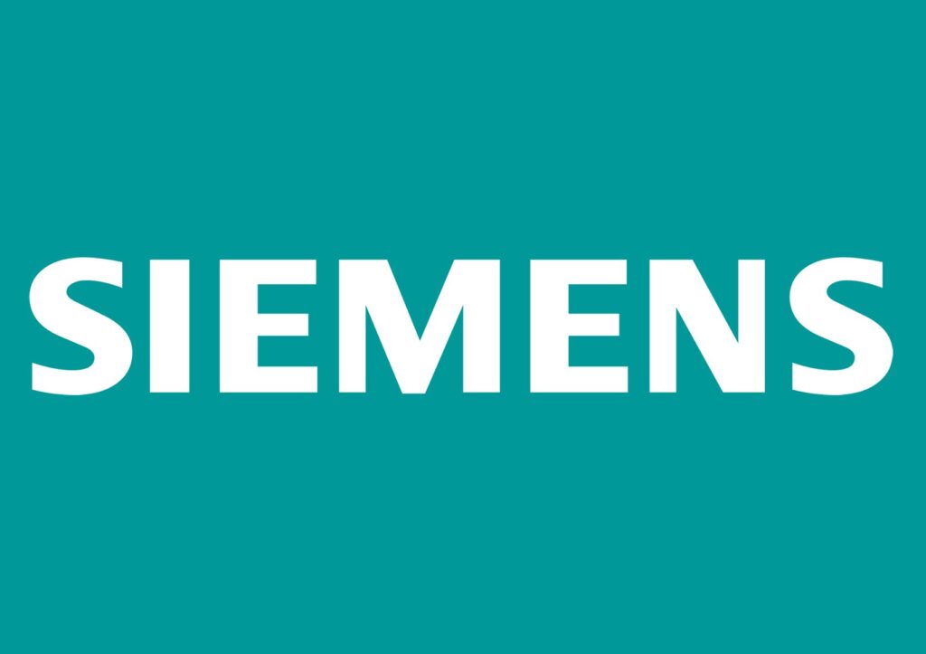 Das Siemens-Logo erscheint in Weiß auf einem türkisfarbenen Hintergrund, passend zur Softwareentwicklung von BlueBranch GmbH.