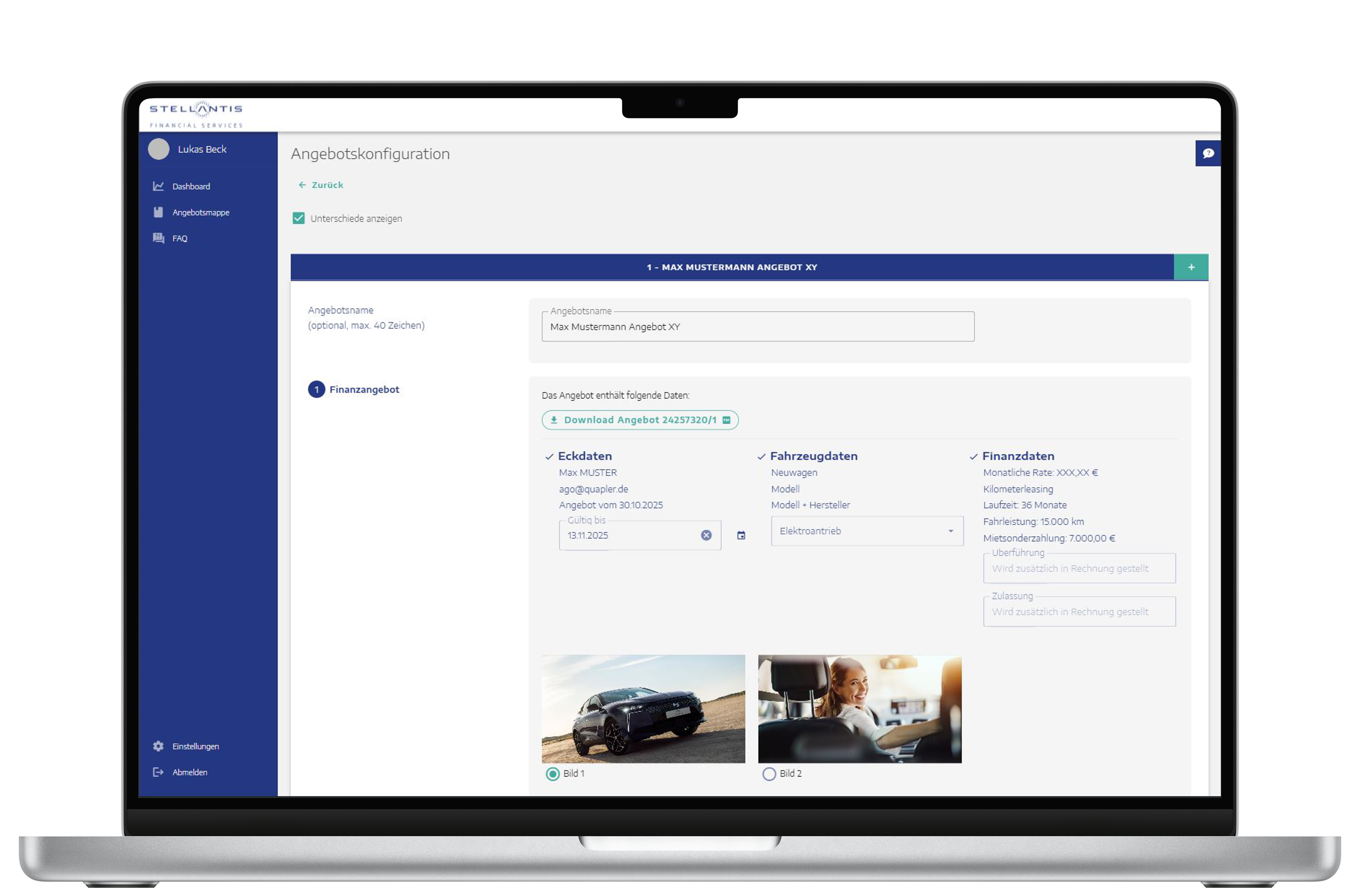 Auf einem Laptopbildschirm wird eine Angebotskonfiguration mit Fahrzeug- und Finanzdaten von BlueBranch GmbH angezeigt.
