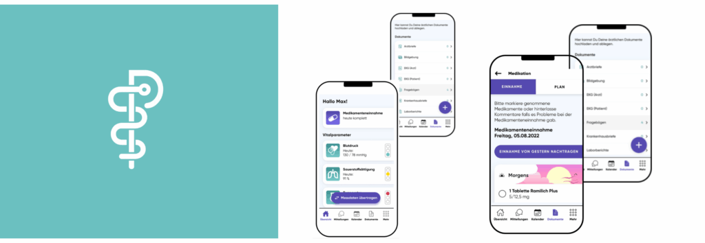 Ein türkisfarbener Hintergrund mit einem stilisierten medizinischen Symbol neben vier Smartphones zeigt die procarement_teaser App.