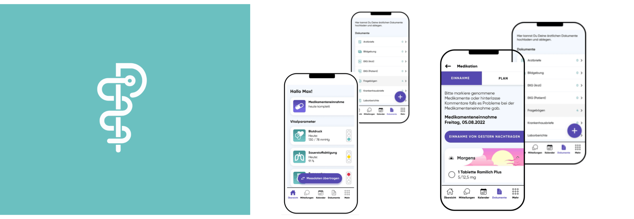 Ein türkisfarbener Hintergrund mit einem stilisierten medizinischen Symbol neben vier Smartphones zeigt die procarement_teaser App.
