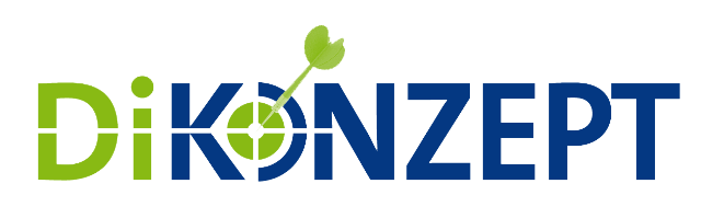 Das DiKonzept-Logo zeigt einen grünen Pfeil, der eine Zielscheibe inmitten des blauen Schriftzuges trifft.