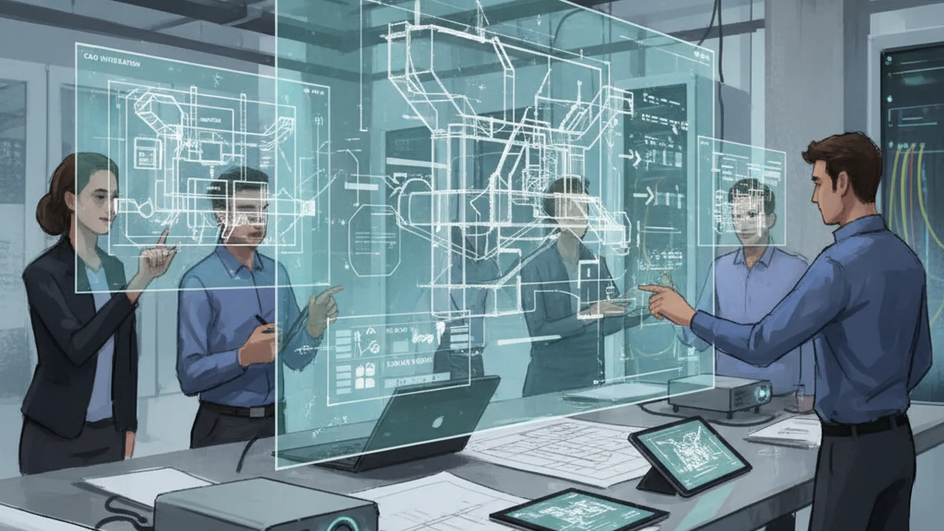 Ein Team von Fachleuten diskutiert innovative Ideen zur Softwareentwicklung und App-Entwicklung mit holographischen Anzeigen.