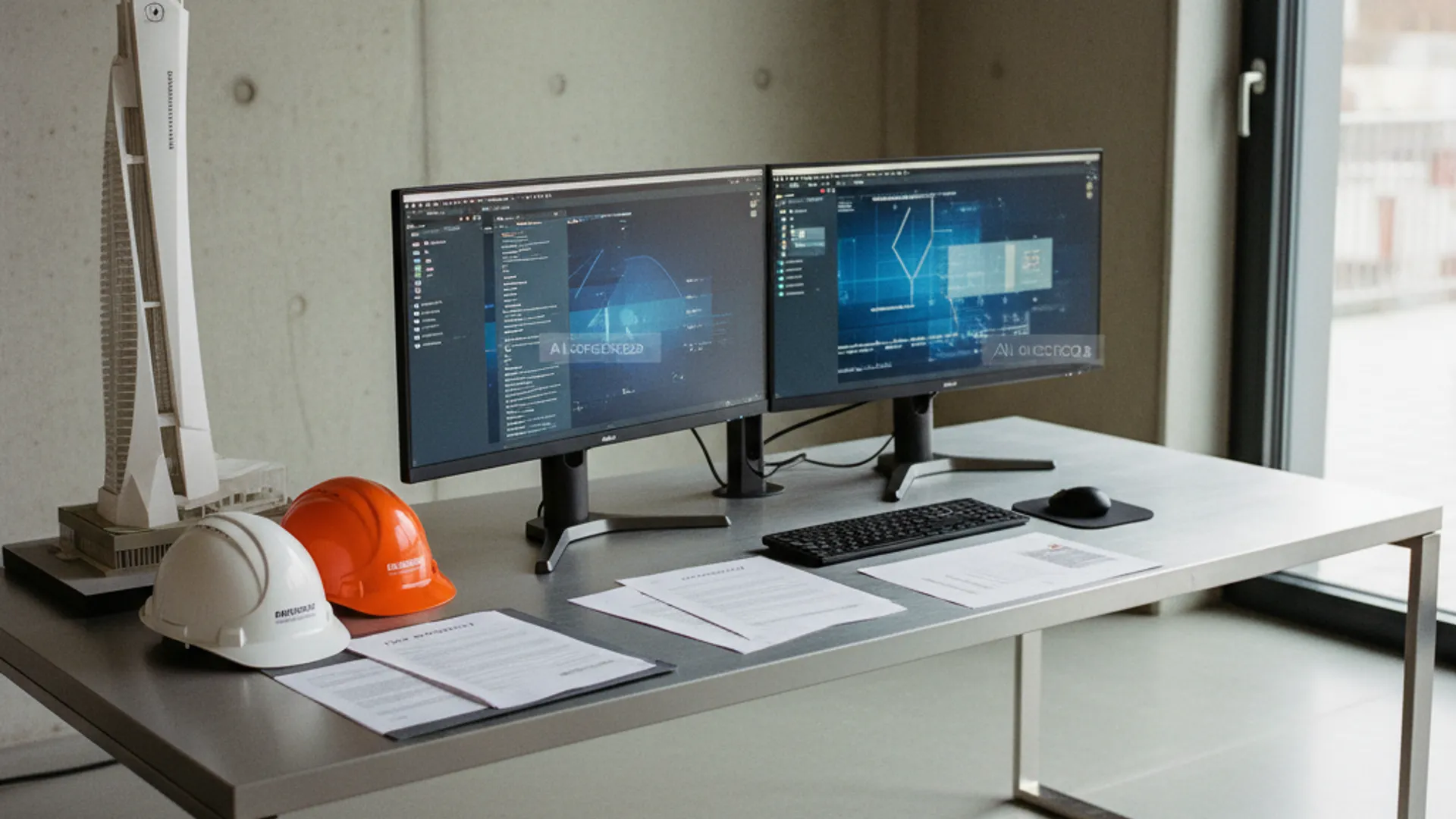 Ein moderner Arbeitsplatz zeigt zwei Computer mit Softwareentwicklungsprojekten und Bauhelmen auf einem Tisch zur App Entwicklung.