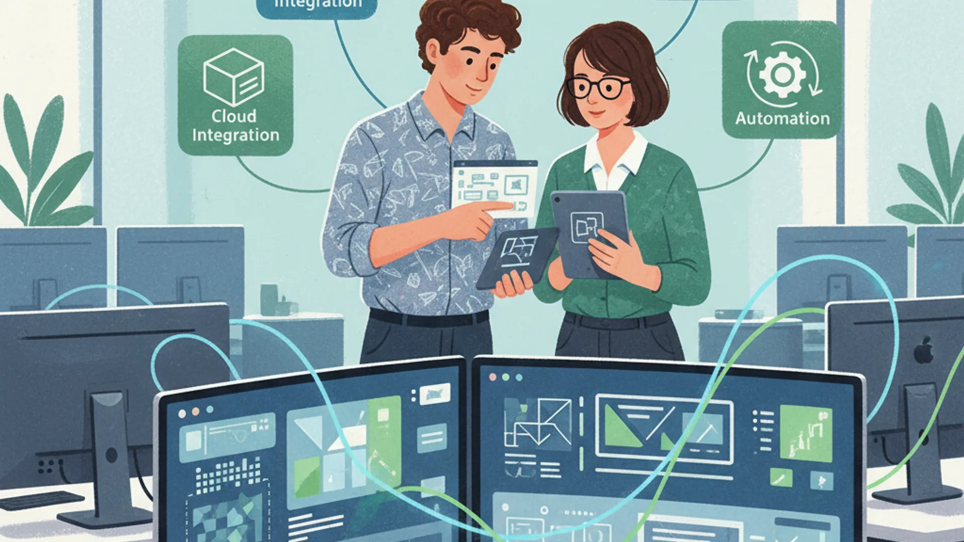 Zwei Personen besprechen digitale Lösungen für maßgeschneiderte Softwareentwicklungen in einem modernen Büro.