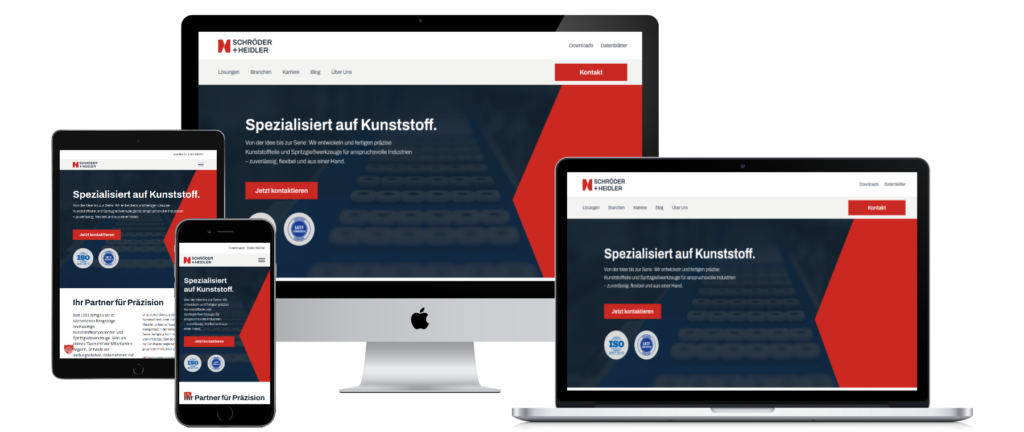 Verschiedene Geräte zeigen eine Website mit dem Fokus auf Kunststofflösungen und Softwareentwicklung. | © BlueBranch GmbH