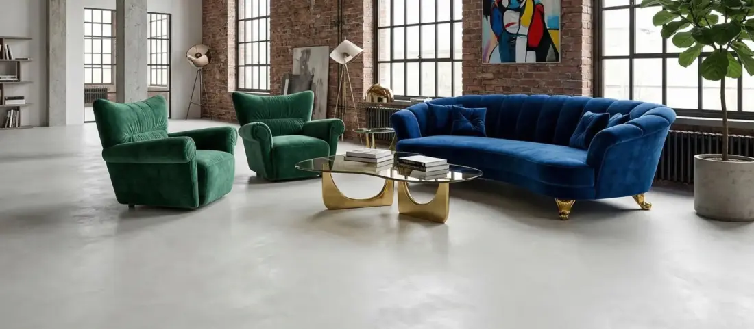 Microzementboden in hellem Loft mit Tageslicht und stilvollem Mobiliar in Betonoptik.