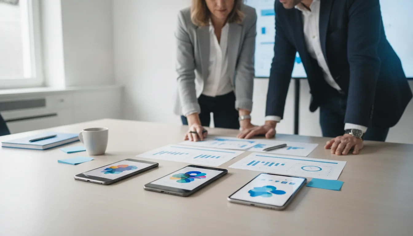 Zwei Personen vergleichen App-Entwürfe auf Smartphones und Tablet mit Auswertungen für den App-Agentur-Vergleich 2026